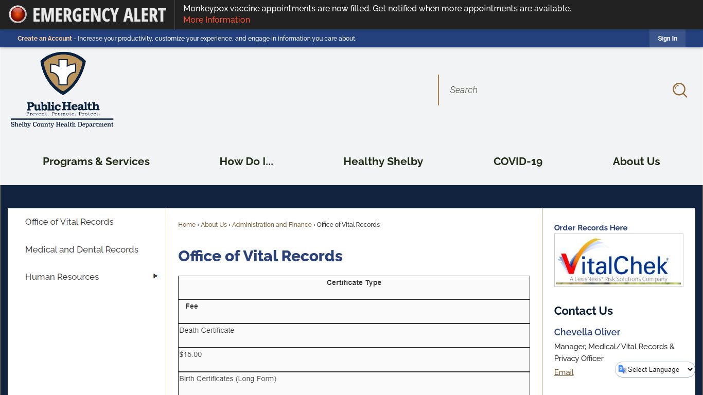 Office of Vital Records | Shelby County Health Dept., TN